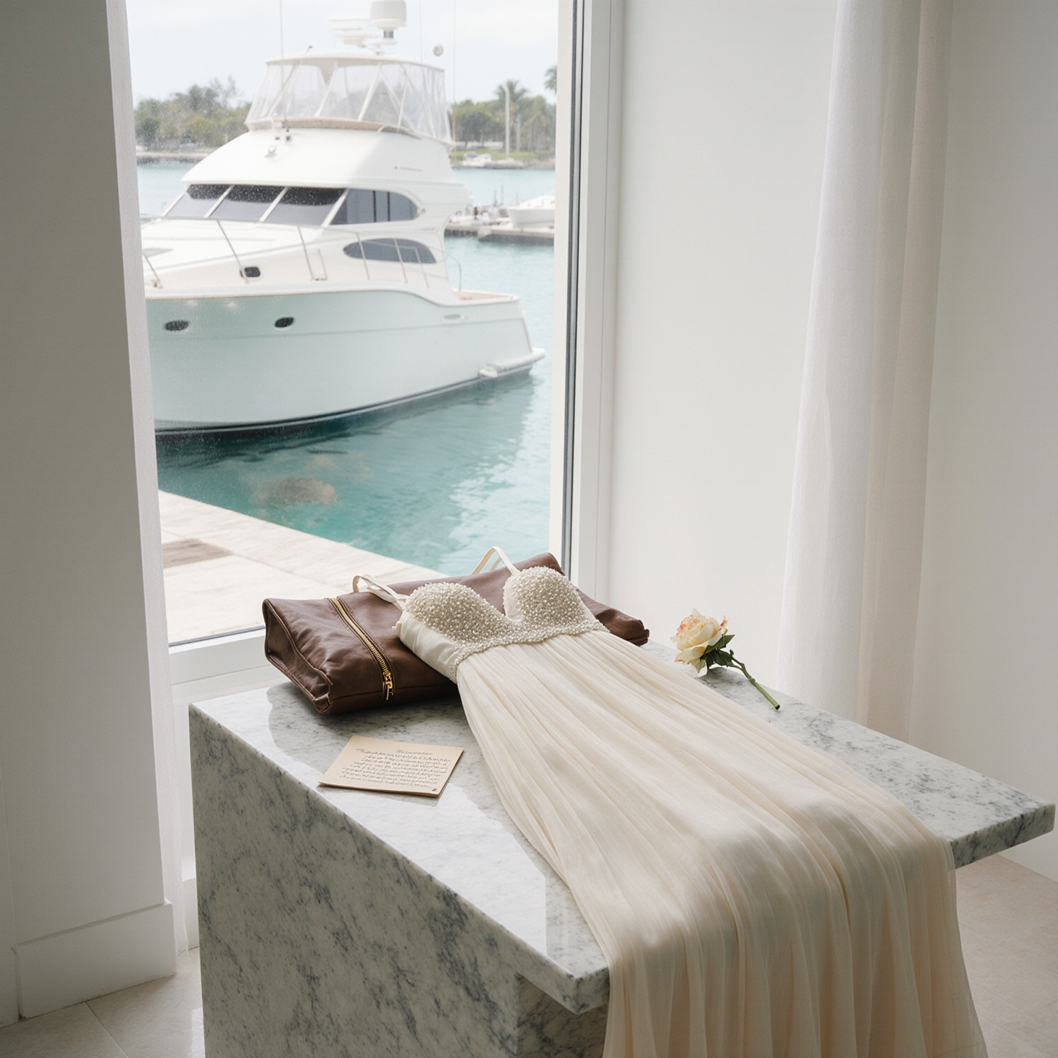 A delicate ivory silk chiffon evening gown on a travertine console in a Coral Gables living room overlooking a private marina, with a vintage garment bag and handwritten care note