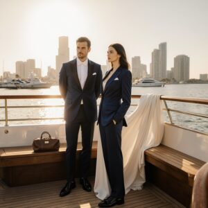 The Cruise Formal Night Guide to Tuxedos and Gowns | Sudsies A couple in formal wear on a yacht deck at PortMiami golden hour, with a Sudsies garment bag on a teak bench, illustrating cruise formal night tuxedo and gown care.