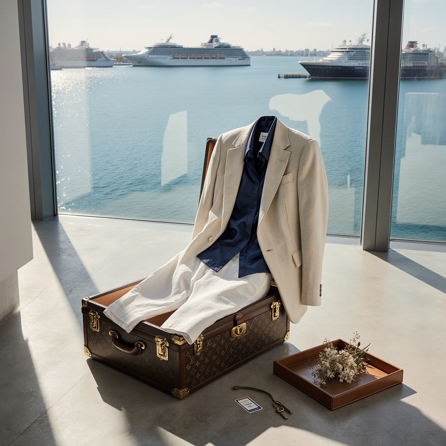 Open Louis Vuitton trunk with cream linen blazer, navy silk blouse, and white trousers on yacht club floor overlooking PortMiami, evoking cruise wardrobe care
