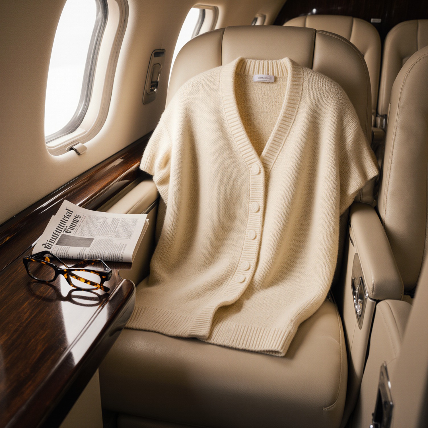 A cream cashmere cardigan draped over a leather seat in a private aircraft cabin, with Financial Times and tortoiseshell glasses on a mahogany table, illustrating designer knitwear