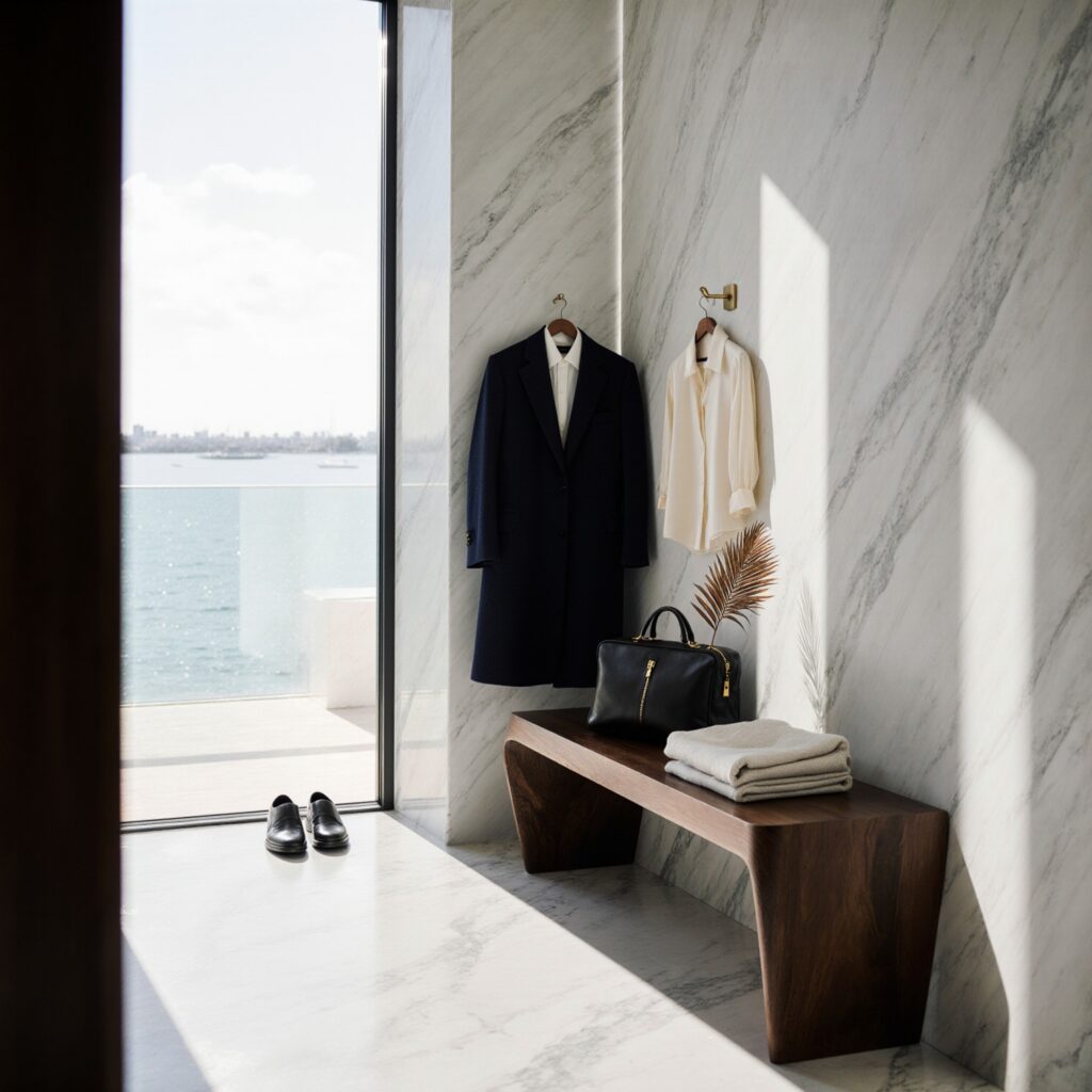 Navy cashmere overcoat and ivory silk blouse in a sunlit Coconut Grove hallway with Biscayne Bay views, illustrating multi-residence wardrobe care