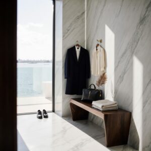 The Family Office Guide to Multi-Residence Wardrobe Care | Sudsies Navy cashmere overcoat and ivory silk blouse in a sunlit Coconut Grove hallway with Biscayne Bay views, illustrating multi-residence wardrobe care