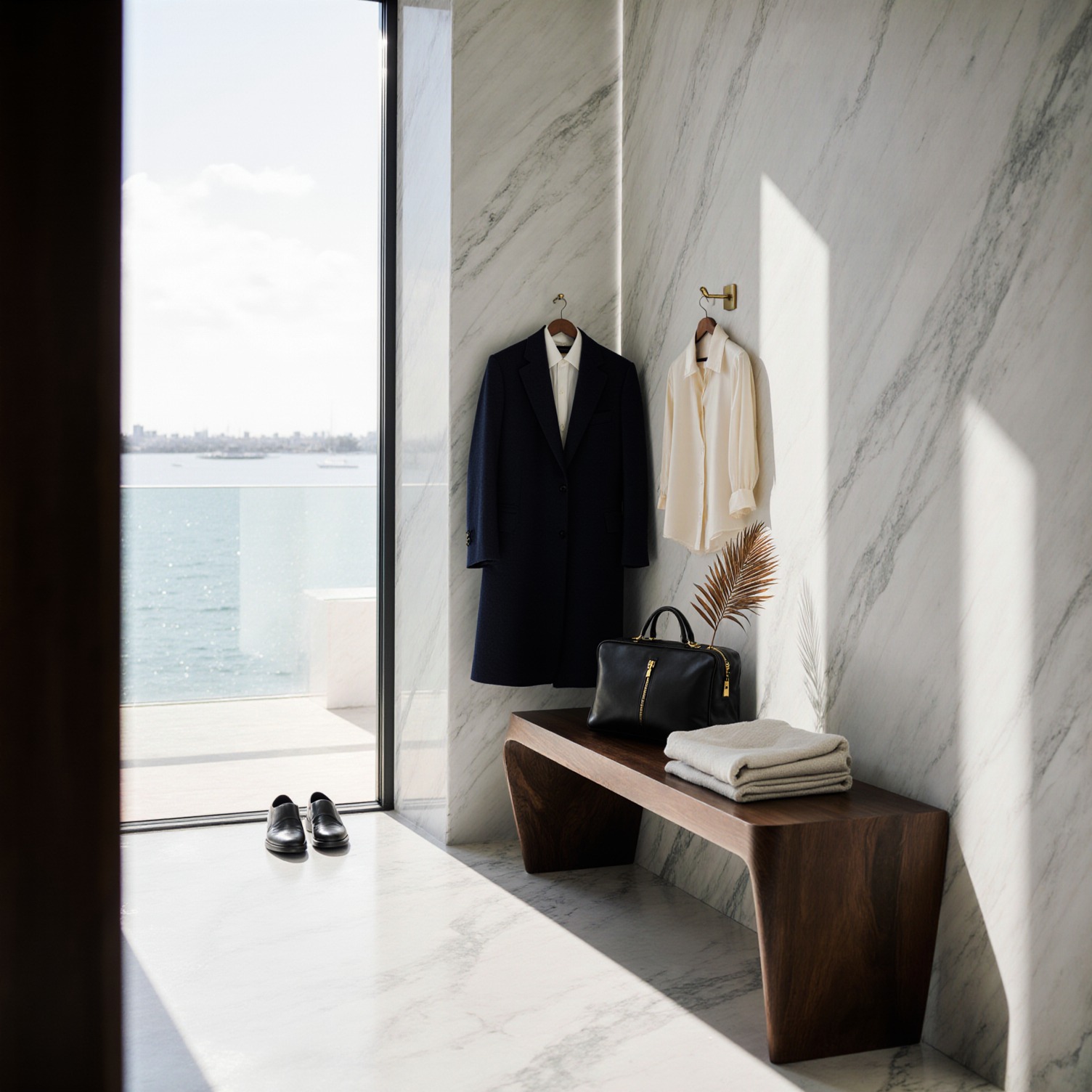 Navy cashmere overcoat and ivory silk blouse in a sunlit Coconut Grove hallway with Biscayne Bay views, illustrating multi-residence wardrobe care