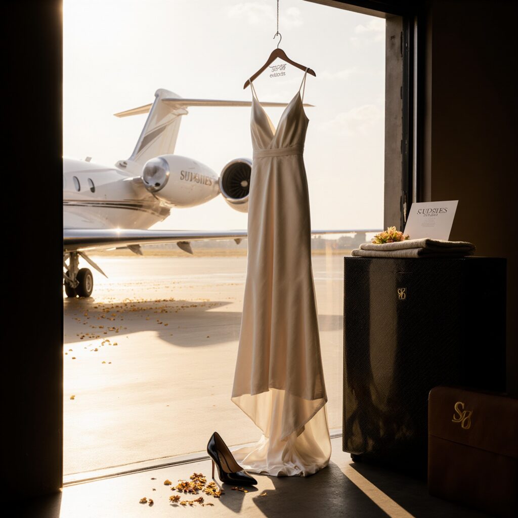 A pearl silk crepe couture gown on a padded suede hanger in a private aviation hangar, with a leather valise and Sudsies Express envelope, evoking film festival travel and wardrobe