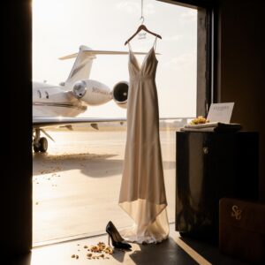 The Film Festival Wardrobe Guide From Miami to Cannes | Sudsies A pearl silk crepe couture gown on a padded suede hanger in a private aviation hangar, with a leather valise and Sudsies Express envelope, evoking film festival travel and wardrobe
