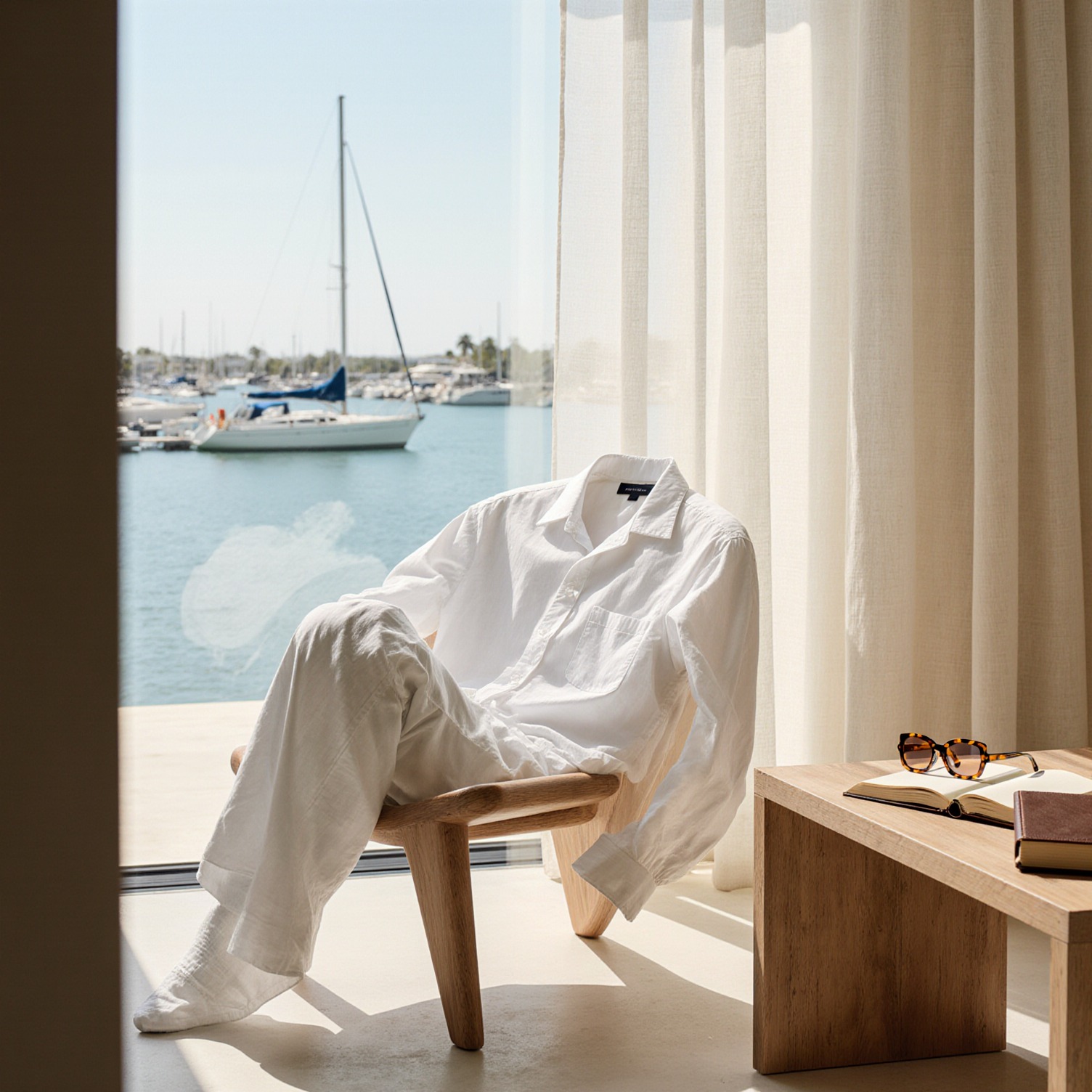 A tailored white cotton shirt draped over a wooden chair in a modernist South Florida residence overlooking a marina, with a leather journal and sunglasses on a side table