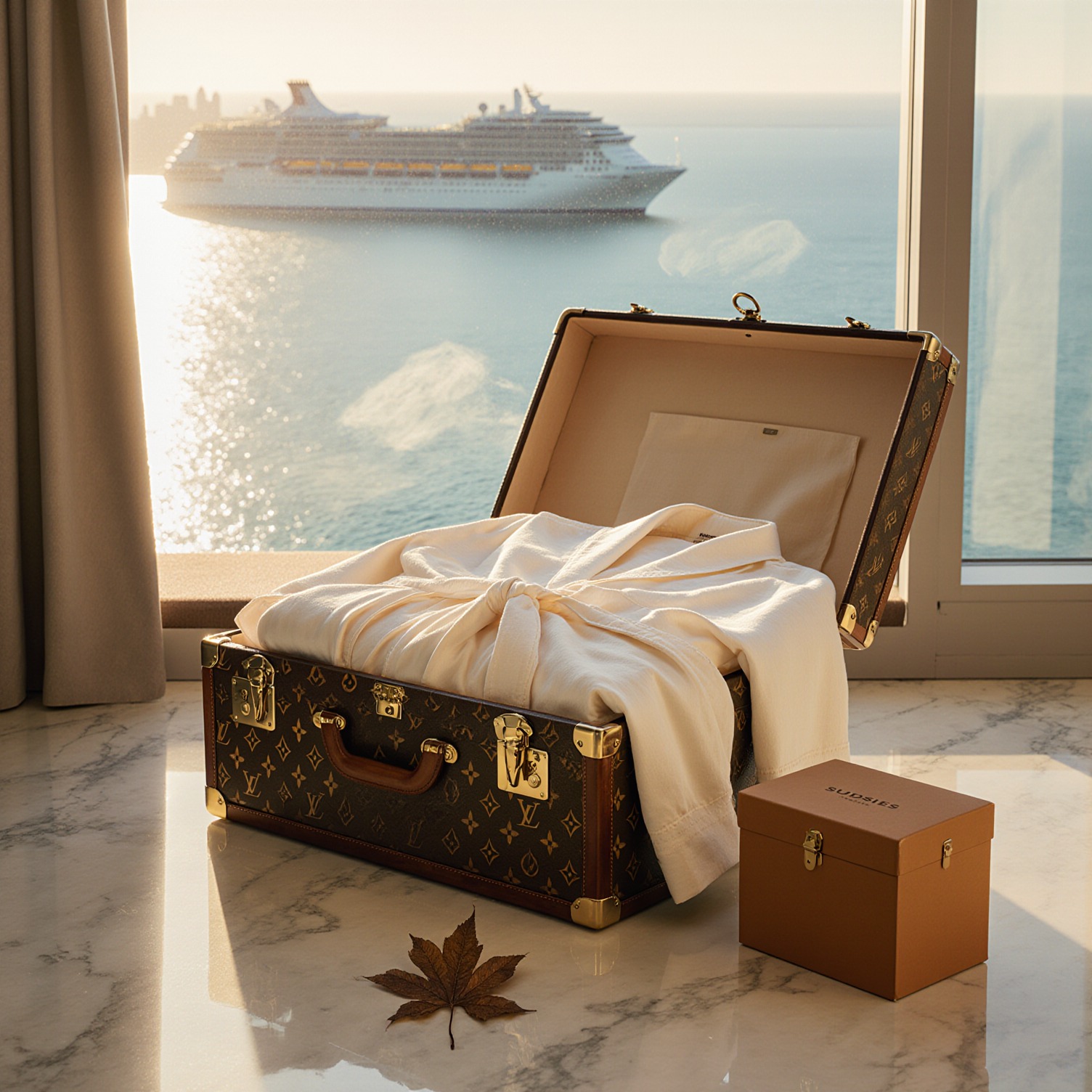 Luxury Vuitton trunk and Sudsies Express garment box in a Miami penthouse at golden hour, overlooking Biscayne Bay and cruise ships