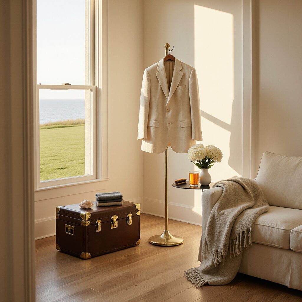 Sunlit Hamptons beach house interior with linen blazer on valet stand, vintage trunk, and cedar brush evoking seasonal wardrobe transition