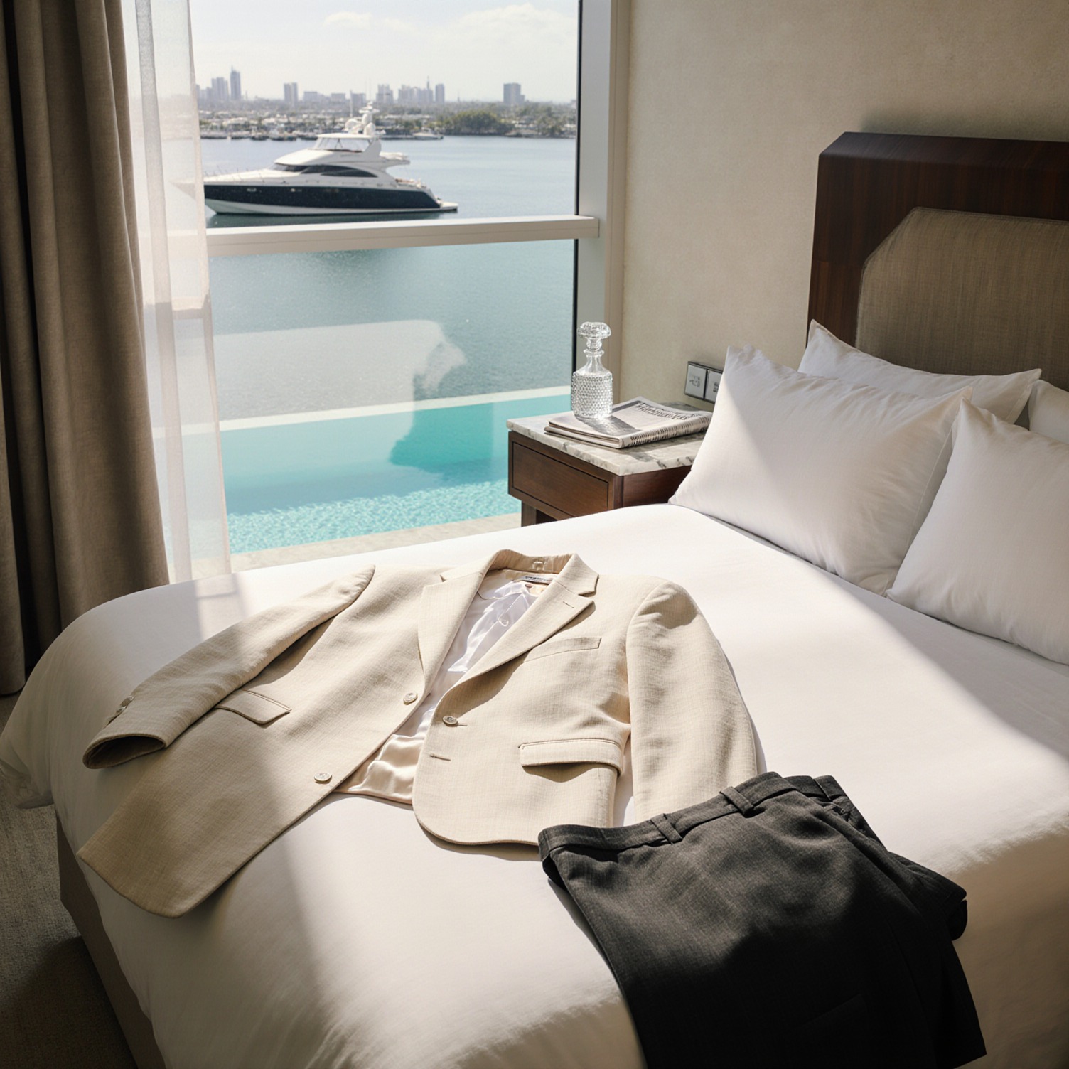 Sunlit Coral Gables hotel suite with cream linen blazer on bed, pressed shirt on valet stand, and Financial Times on marble table
