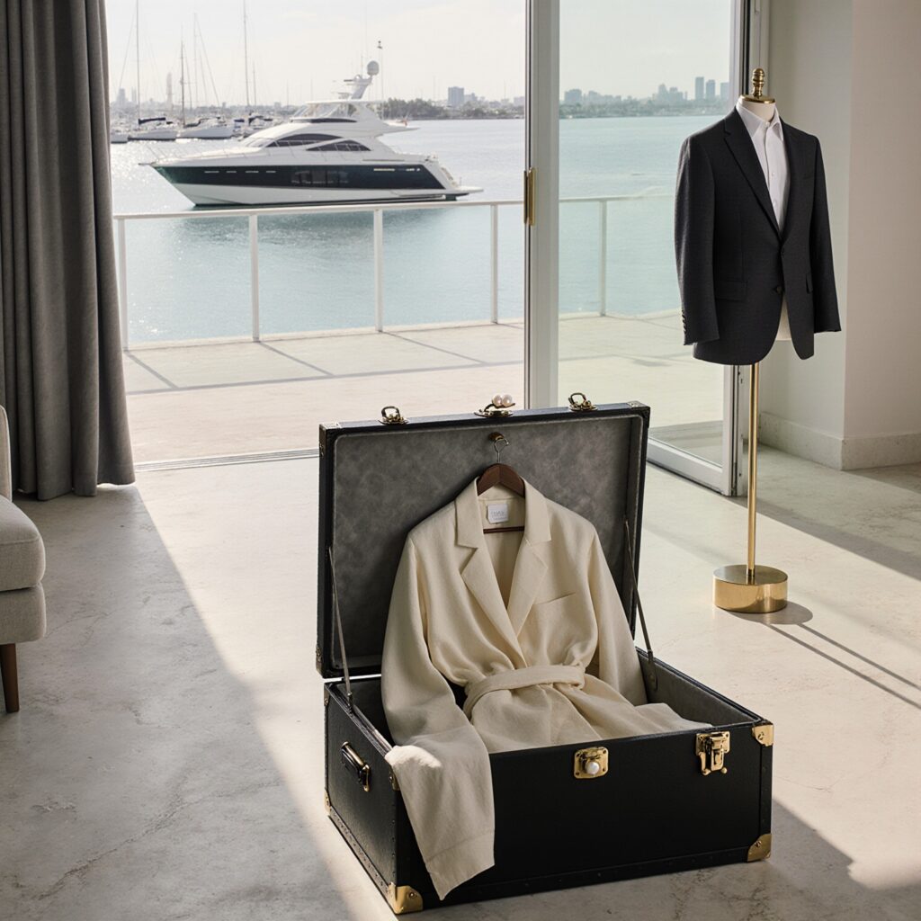 Open custom garment trunk with silk caftan and linen blazer beside brass valet stand with dress shirt, yacht visible through glass doors