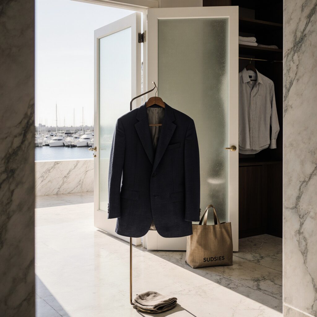Sunlit marble foyer in Coconut Grove with a worn navy linen blazer on a bronze valet stand, a Sudsies Express garment bag nearby, and a marina view through a salt-sprayed glass doo