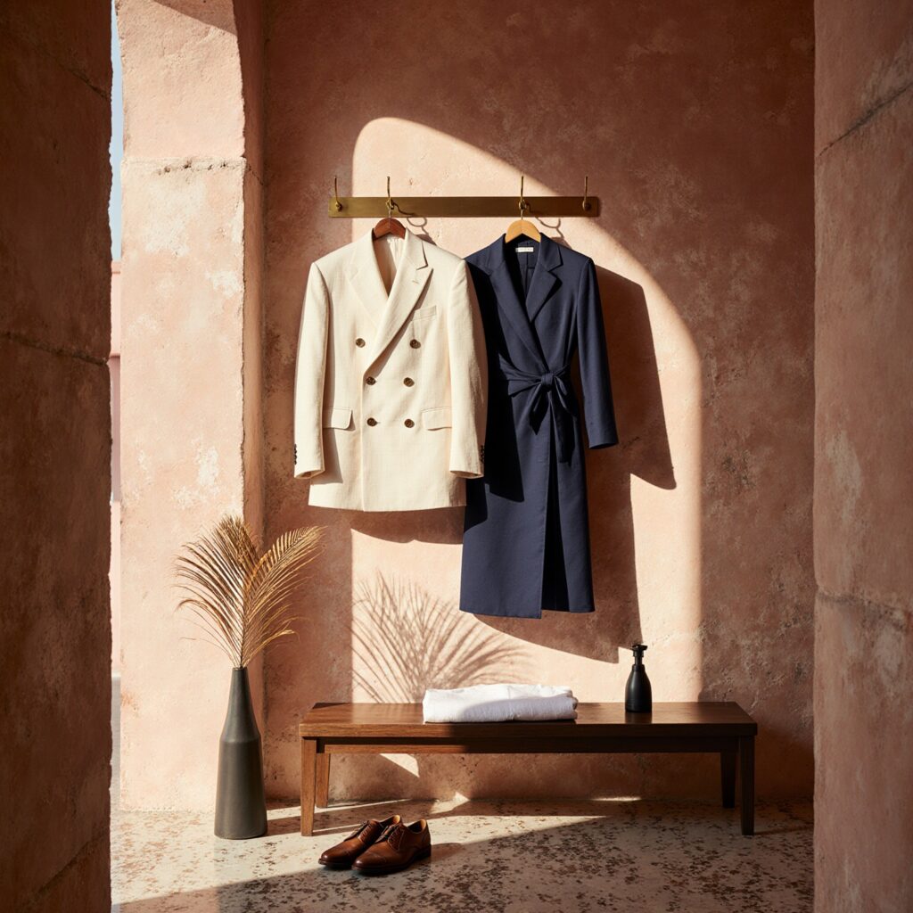 Unbuttoned cream linen suit jacket and navy silk dress on brass valet hooks in a sunlit coral stone room with terrazzo floor and teak bench