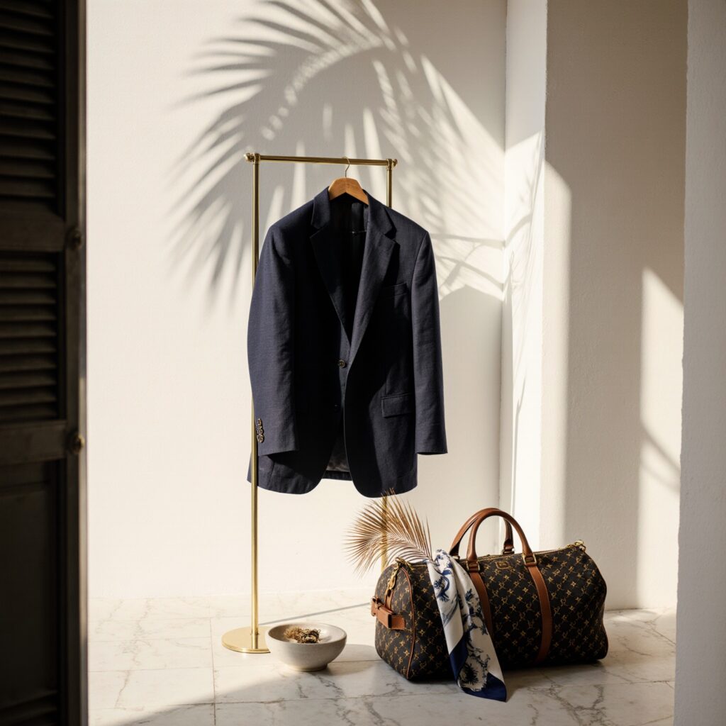 A worn navy linen blazer on a brass valet stand beside a Goyard duffle in a sunlit Coral Gables courtyard, illustrating garments that travel well for a long weekend guide.