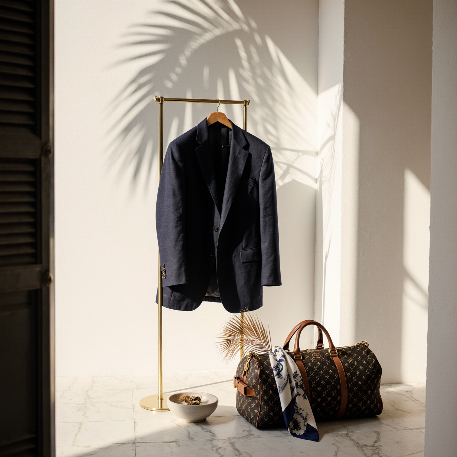 A worn navy linen blazer on a brass valet stand beside a Goyard duffle in a sunlit Coral Gables courtyard, illustrating garments that travel well for a long weekend guide.