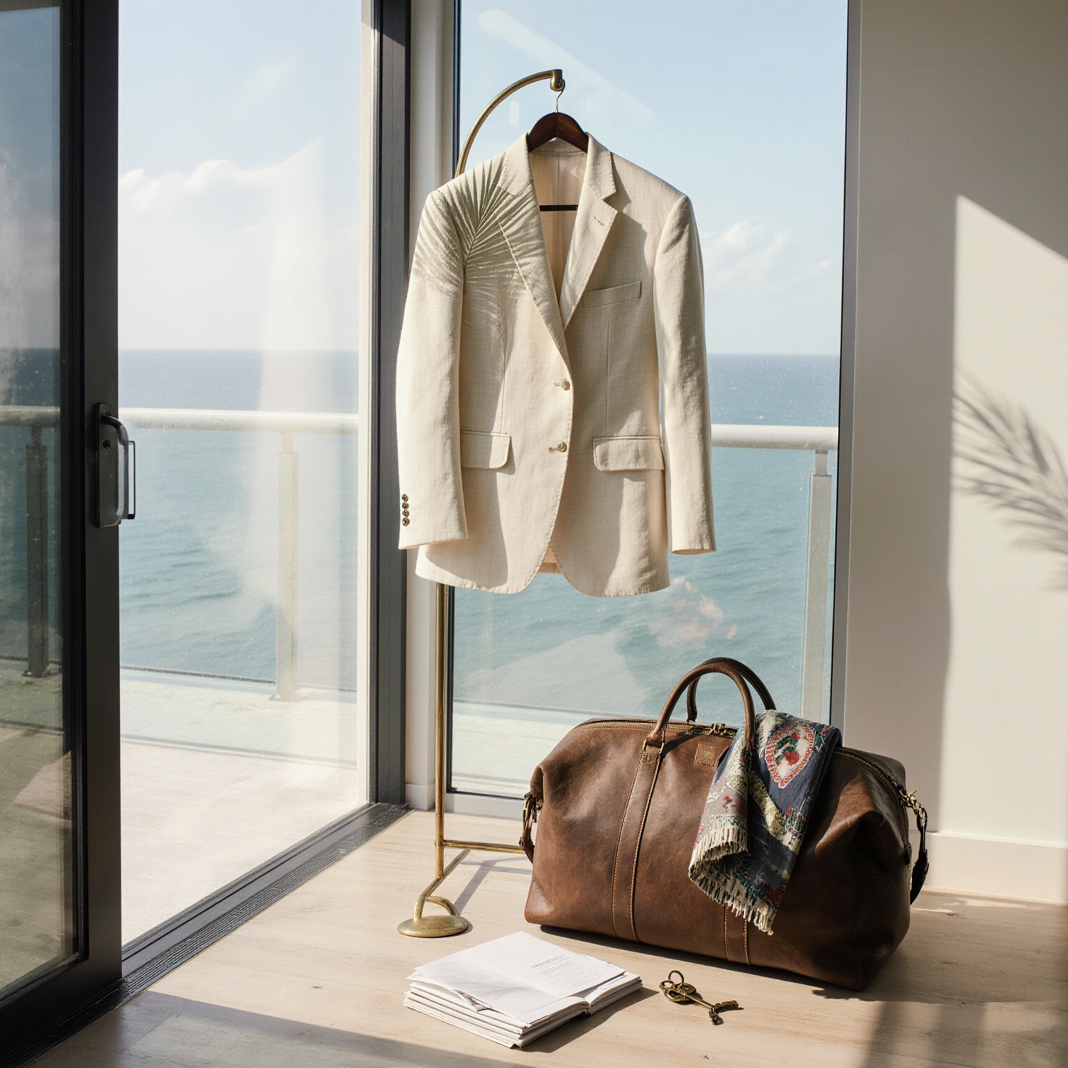 A cream linen blazer draped on a brass valet stand in a sunlit Miami Beach mid-century home, with a leather weekender and Hermès scarf, evoking luxury wardrobe care and Sudsies gar
