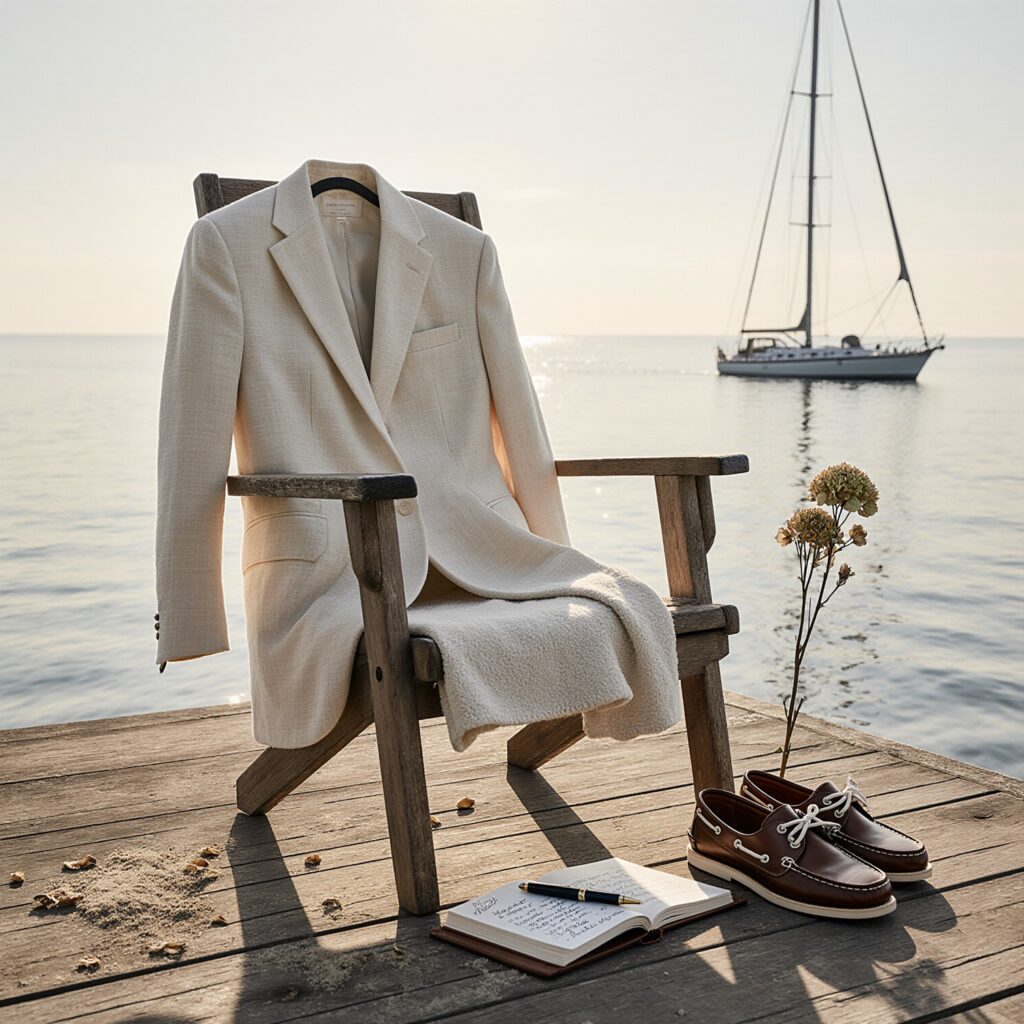 A cream linen blazer draped over a weathered teak deck chair on a private dock, with leather boat shoes and an open notebook, evoking luxury yacht wardrobe care and salt-worn elega