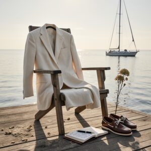 The Louise J. Esterhazy Guide to Life on the Water | Sudsies A cream linen blazer draped over a weathered teak deck chair on a private dock, with leather boat shoes and an open notebook, evoking luxury yacht wardrobe care and salt-worn elega