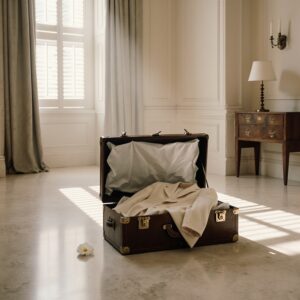 The Luggage Odor Guide for Luxury Wardrobes | Sudsies Open worn leather trunk on limestone floor in Palm Beach salon with silk dress and cashmere blazer on archival tissue, evoking luggage odor care for luxury wardrobes
