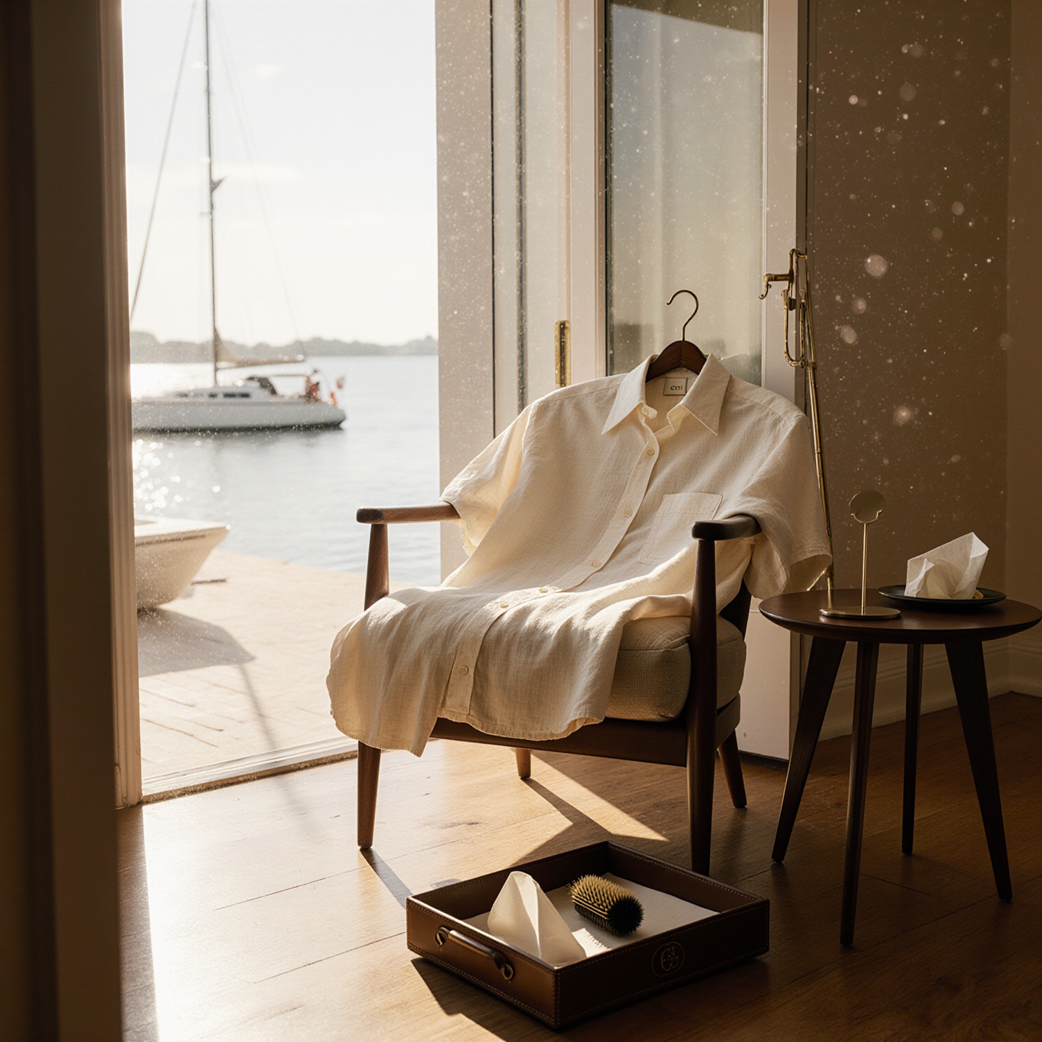 Unbuttoned cream linen Gucci shirt draped over vintage Gio Ponti armchair in sunlit Coconut Grove villa with leather valet tray and bay view
