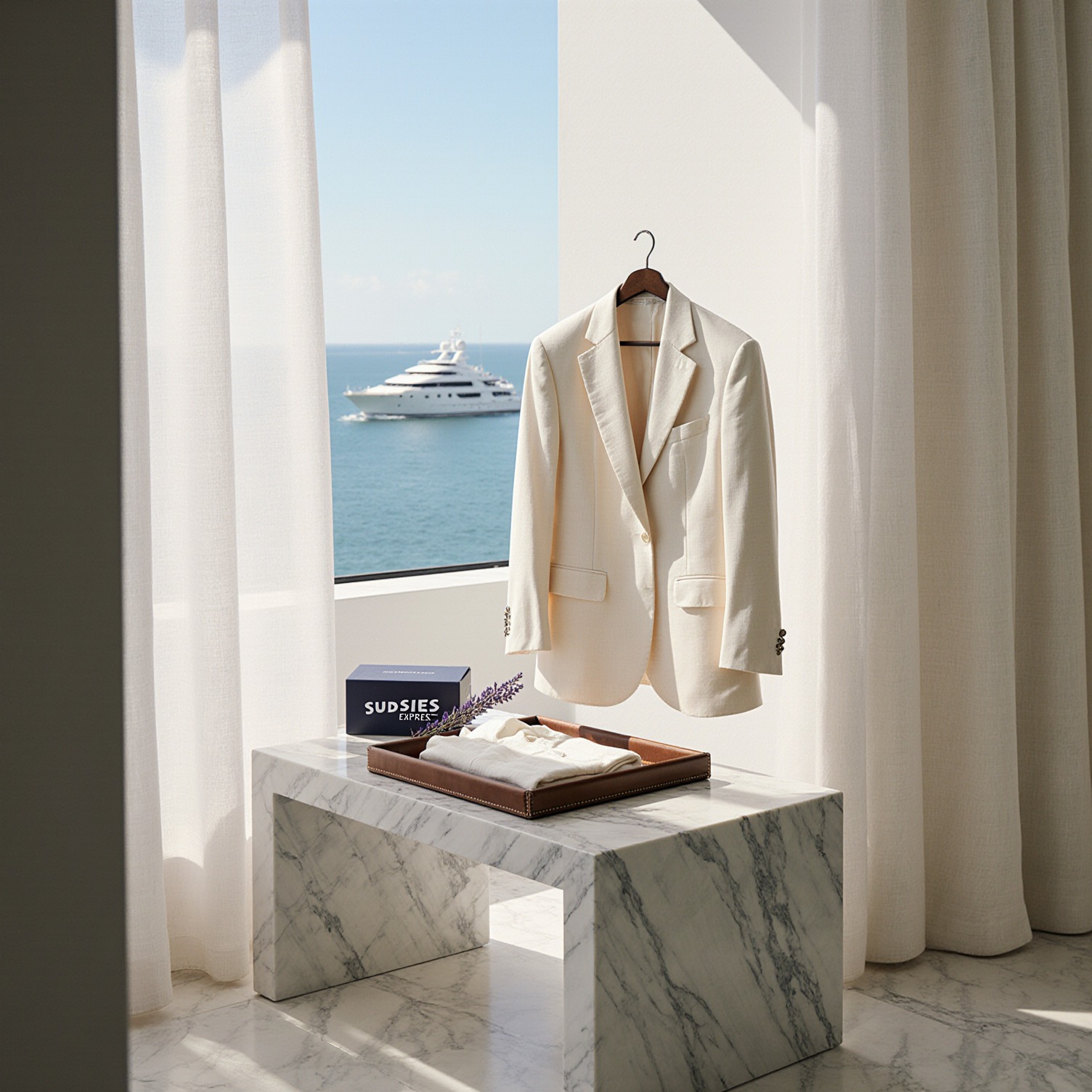 Sunlit Bal Harbour penthouse with a cream silk-linen blazer on a marble console, a folded shirt, and a Sudsies Express box, overlooking Biscayne Bay