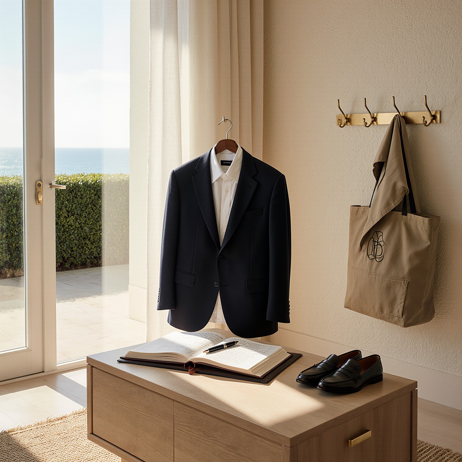 Sunlit Palm Beach living room with leather-bound inventory ledger, navy cashmere blazer, white linen shirt, and monogrammed garment bag for luxury wardrobe care