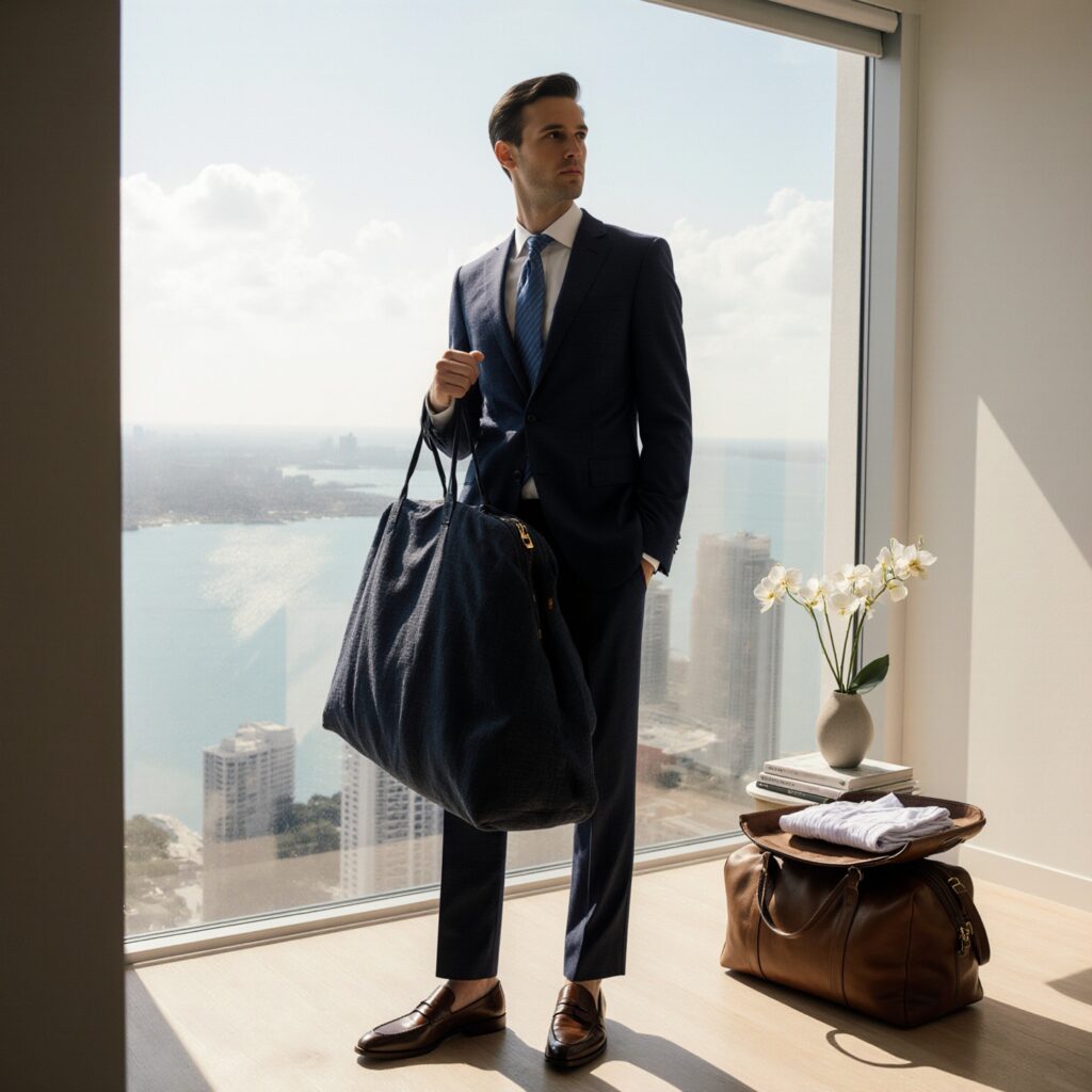 Man in navy linen suit holding garment bag in sunlit Brickell high-rise overlooking Biscayne Bay, with open leather weekender and orchid on side table