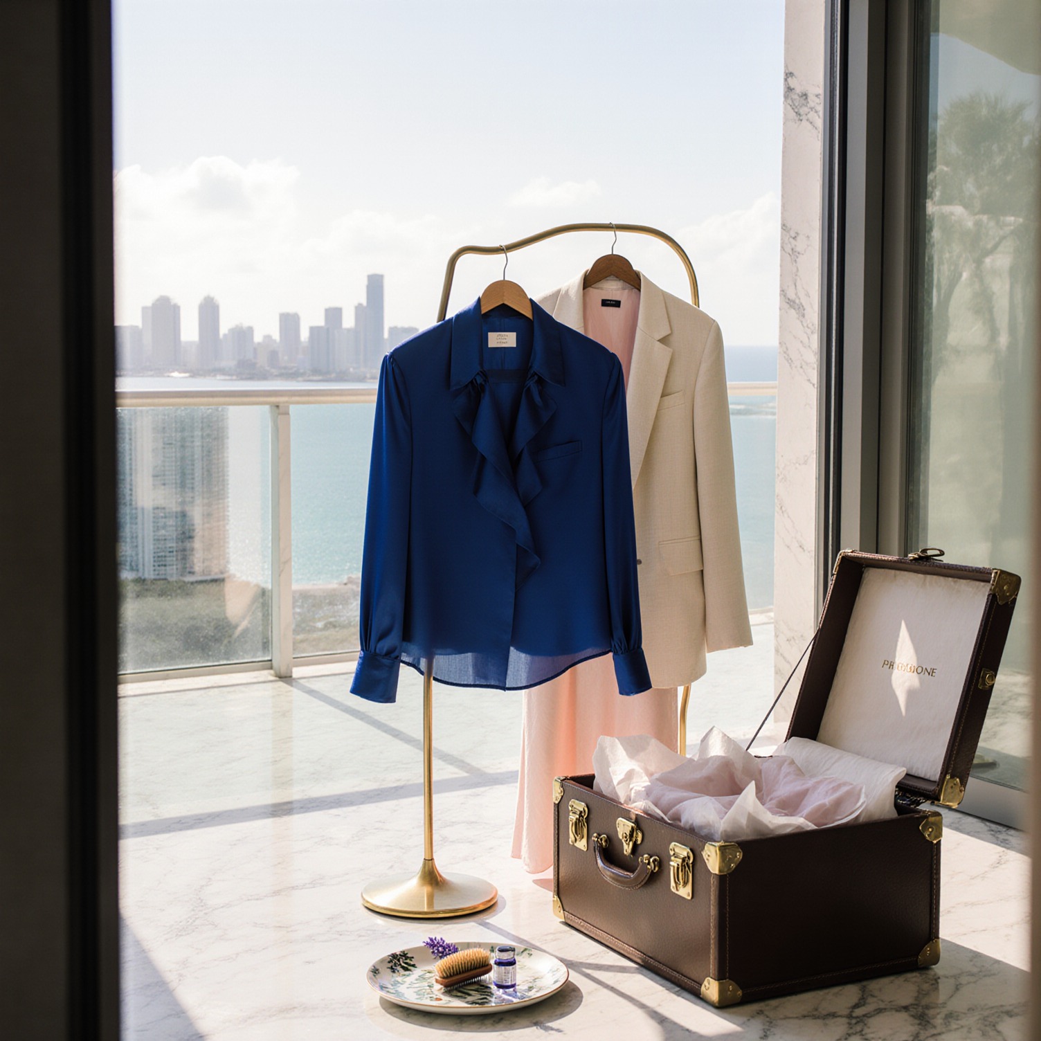 Silk charmeuse blouse and tailored linen blazer on brass valet stand with open leather trunk on marble balcony overlooking Miami skyline