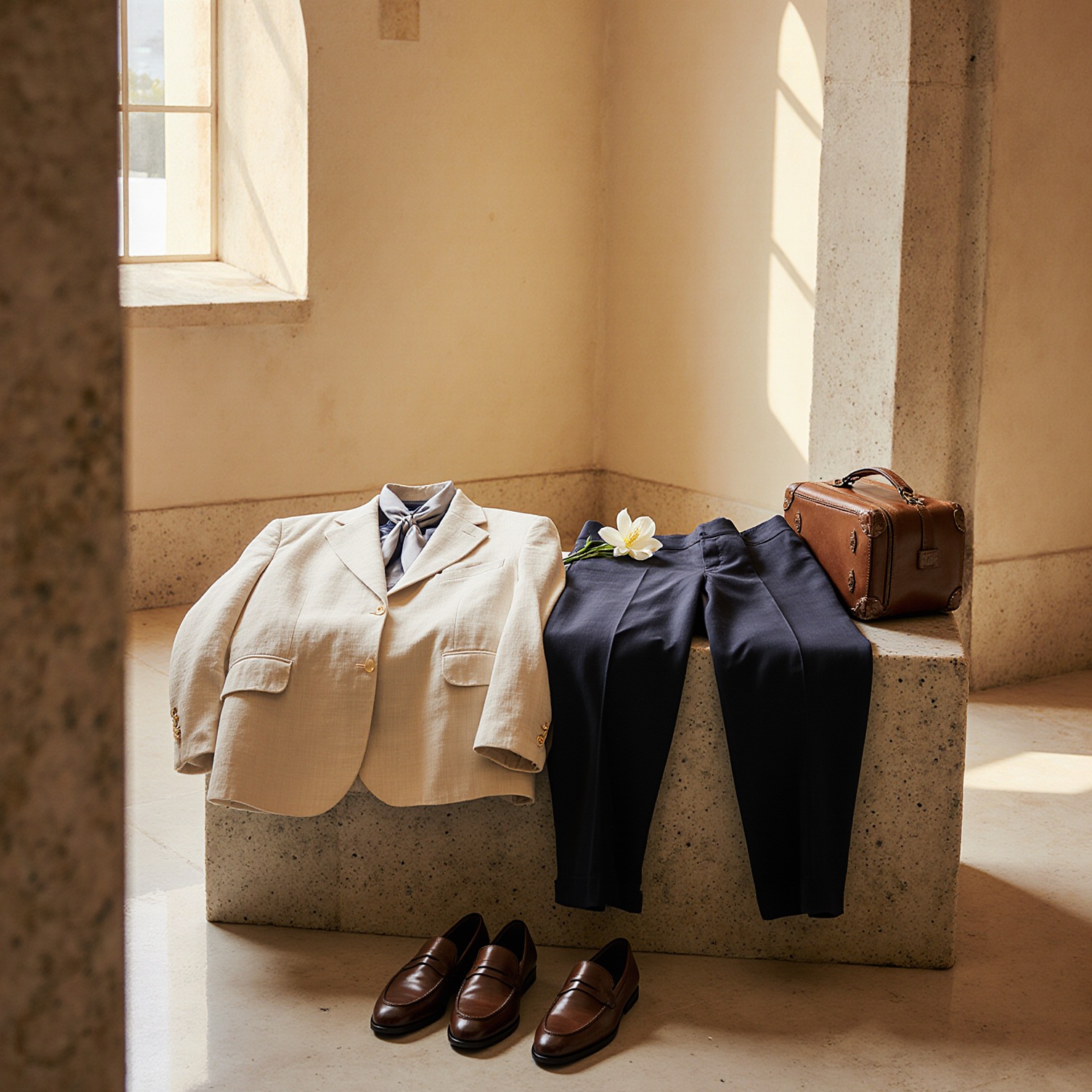 Crumpled cream linen blazer and navy trousers on limestone bench with open leather valise in Coral Gables Mediterranean revival room