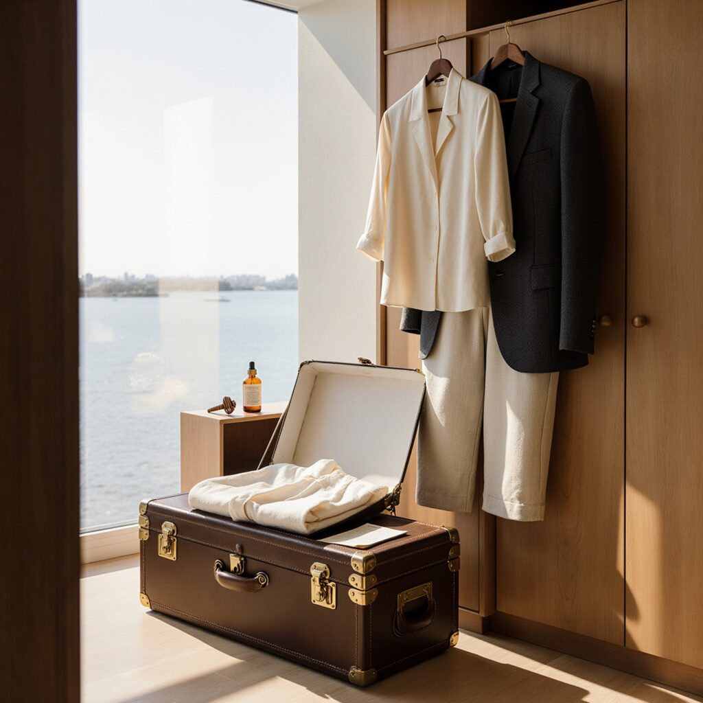 Sunlit dressing room in Coconut Grove with open leather trunk, silk blouse, linen blazer, and tailored wool trouser on a wooden hanger, evoking pre-trip garment preparation