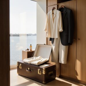 Sunlit dressing room in Coconut Grove with open leather trunk, silk blouse, linen blazer, and tailored wool trouser on a wooden hanger, evoking pre-trip garment preparation
