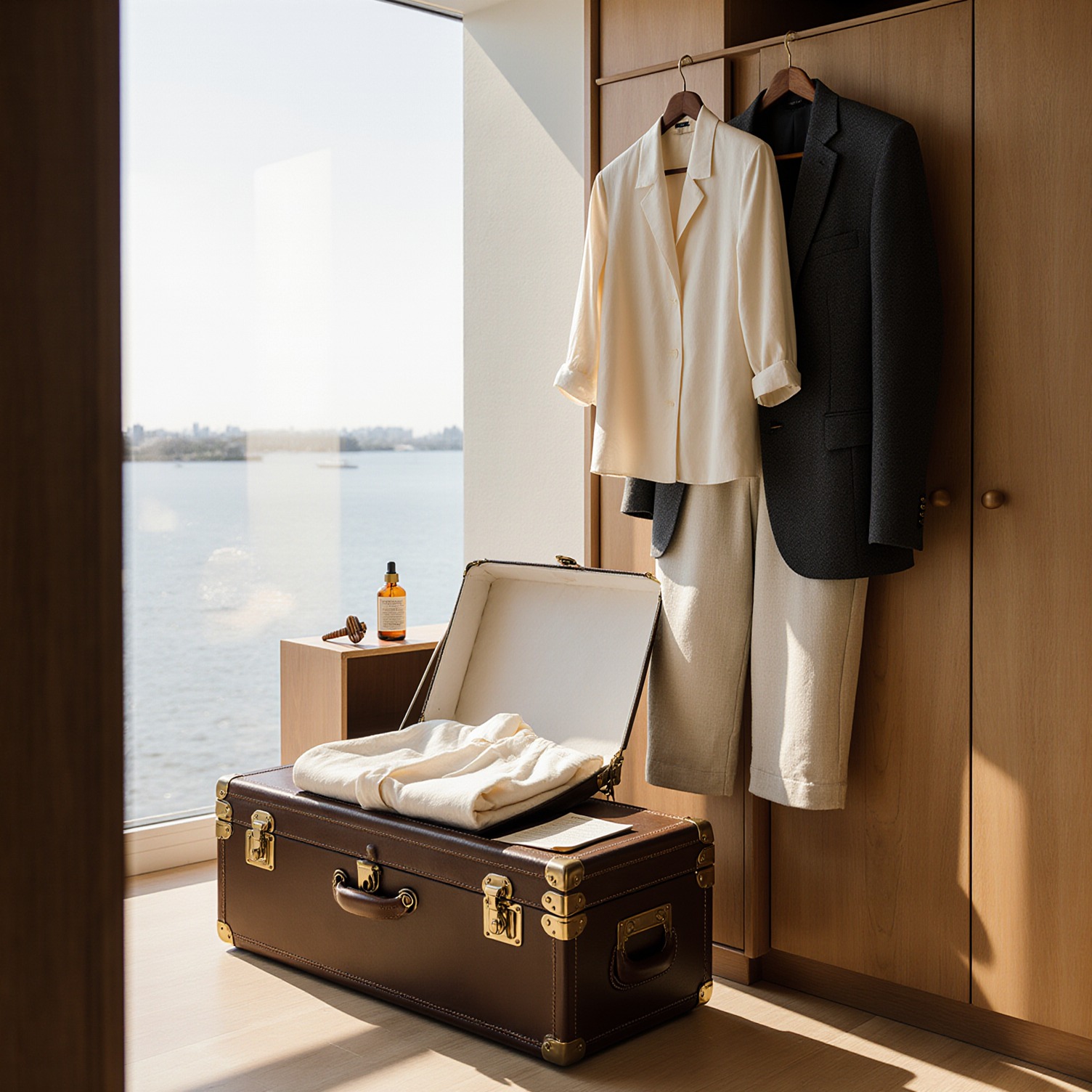 Sunlit dressing room in Coconut Grove with open leather trunk, silk blouse, linen blazer, and tailored wool trouser on a wooden hanger, evoking pre-trip garment preparation