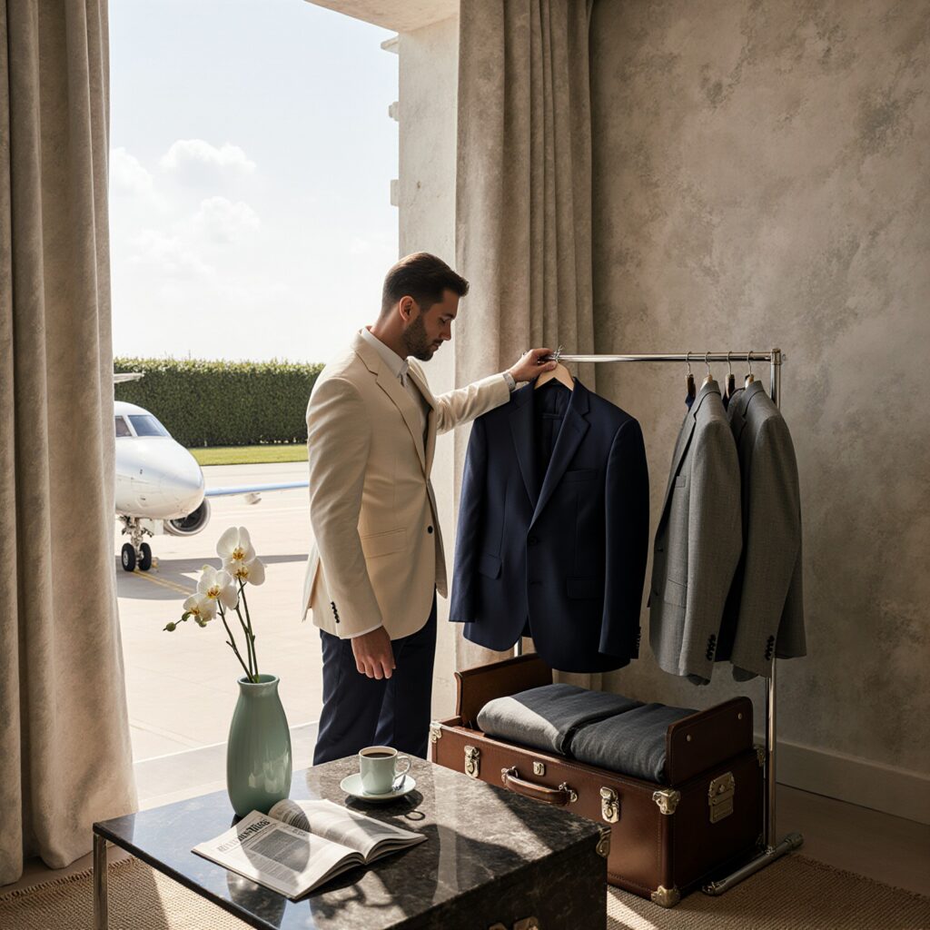Private assistant in cream linen blazer beside mahogany valet stand with navy suit and open leather trunk with dove gray garment bags in sunlit Palm Beach living room