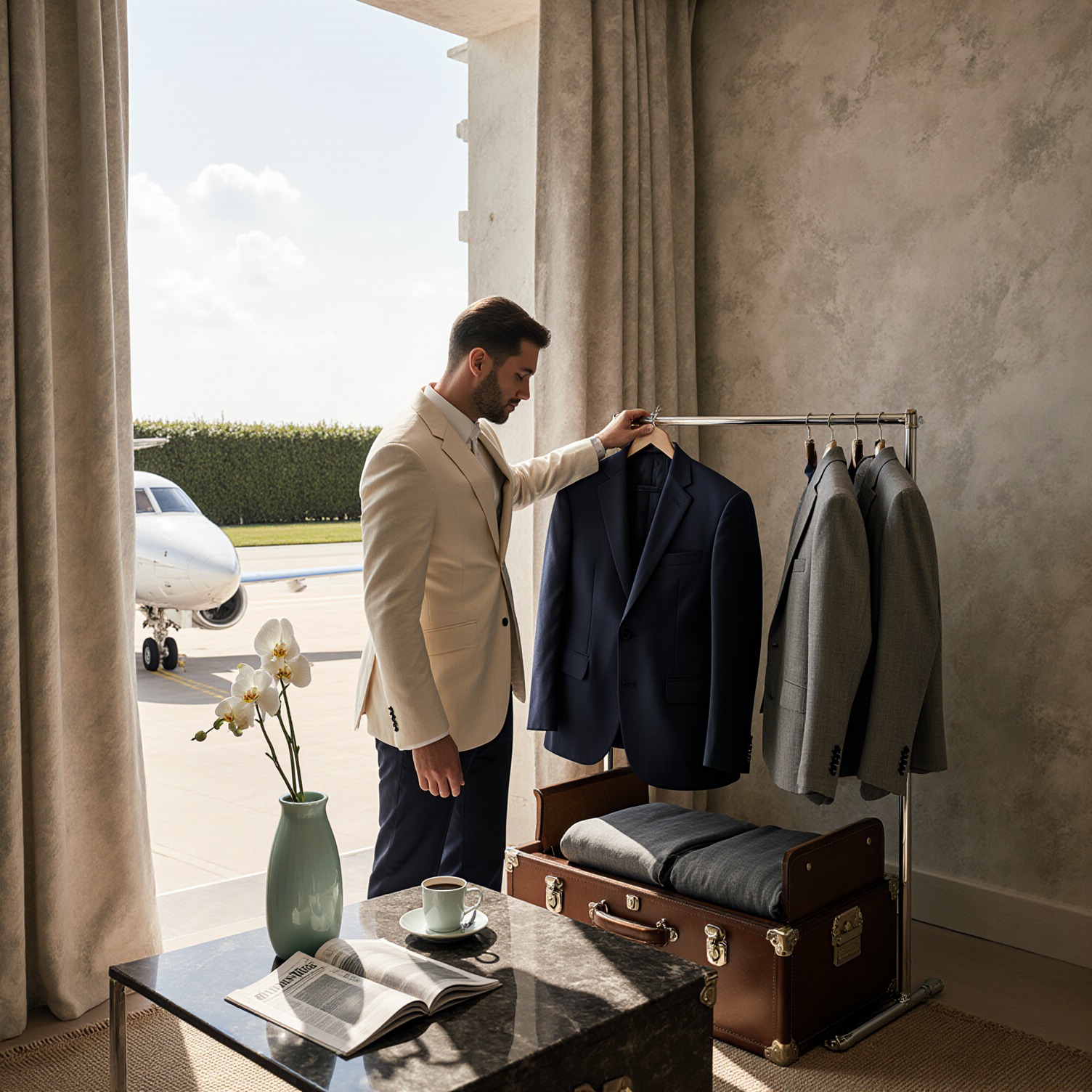 Private assistant in cream linen blazer beside mahogany valet stand with navy suit and open leather trunk with dove gray garment bags in sunlit Palm Beach living room