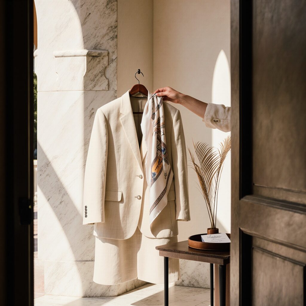 A private assistant's hand holding a cream linen blazer and silk Hermès scarf on a hanger in a Coral Gables Mediterranean foyer with a Sudsies Express garment bag nearby