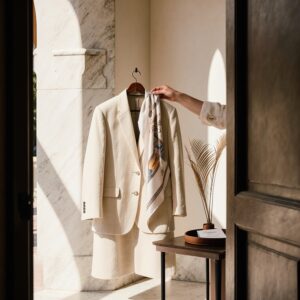 A private assistant's hand holding a cream linen blazer and silk Herm&egrave;s scarf on a hanger in a Coral Gables Mediterranean foyer with a Sudsies Express garment bag nearby