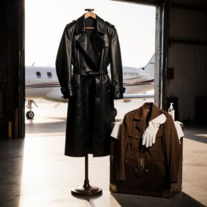 The Private Aviation Guide to Leather Garments in Transit | Sudsies Black leather trench coat on mahogany valet stand in private hangar with Gulfstream jet, suede jacket on brass trunk, leather care essentials nearby