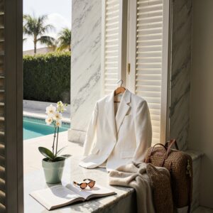 The Private Club Weekend Guide to Wardrobe Preparation | Sudsies A white linen Loro Piana blazer on a travertine windowsill in a Coral Gables residence, with sunglasses and a sailing itinerary, ready for a weekend getaway