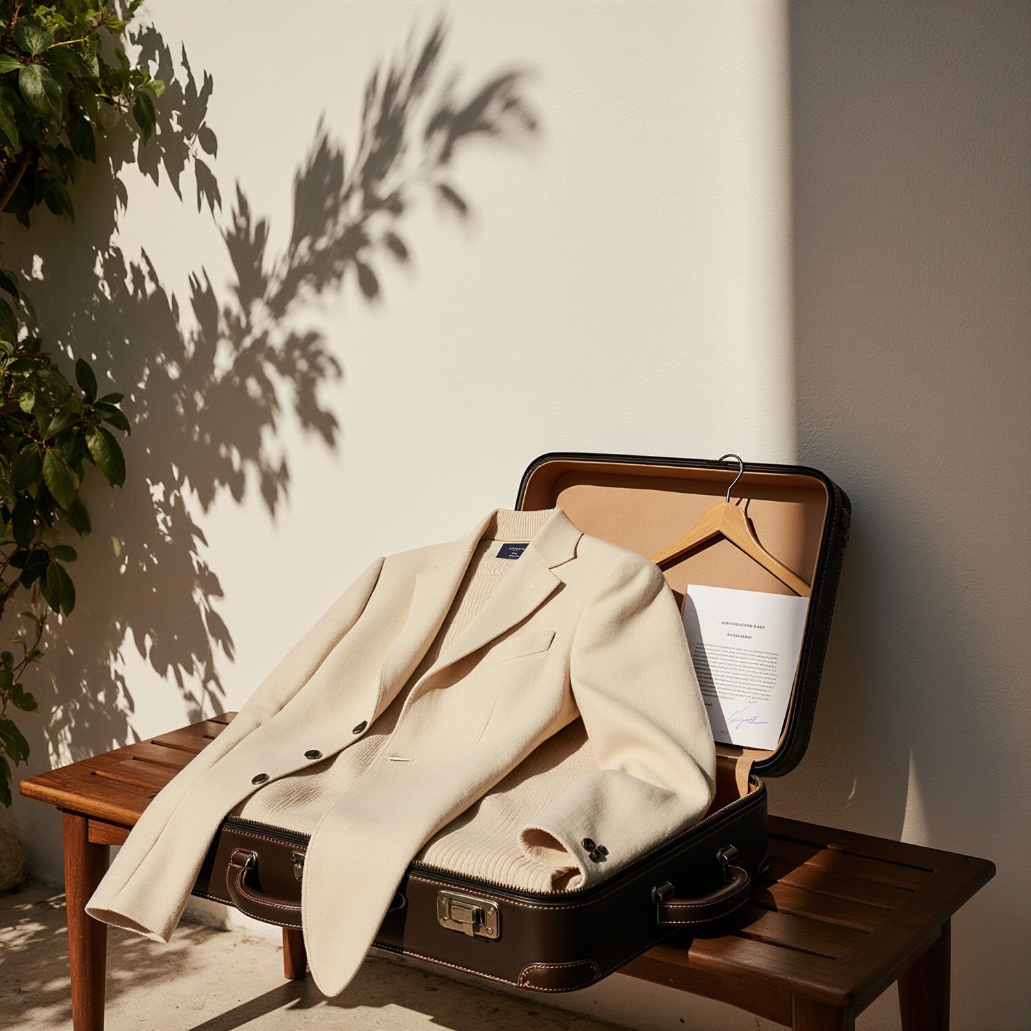 Open leather suitcase with cream linen blazer and cashmere sweater on teak bench in Coral Gables courtyard, soft natural light, editorial travel scene