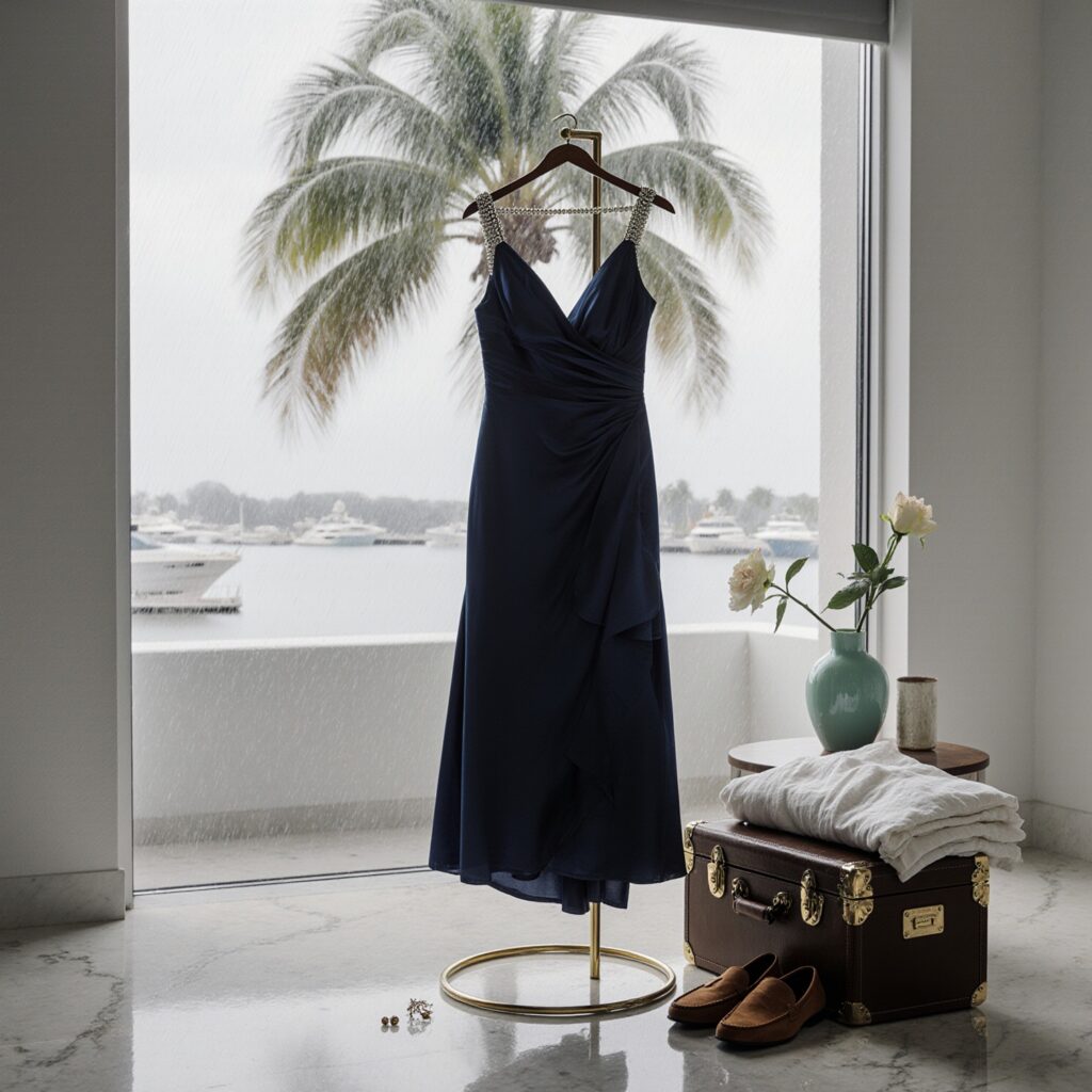 A rain-streaked window overlooks a banyan tree and yacht harbor in Coconut Grove, with a deep navy silk evening dress on a polished brass valet stand, a fallen bead on travertine,