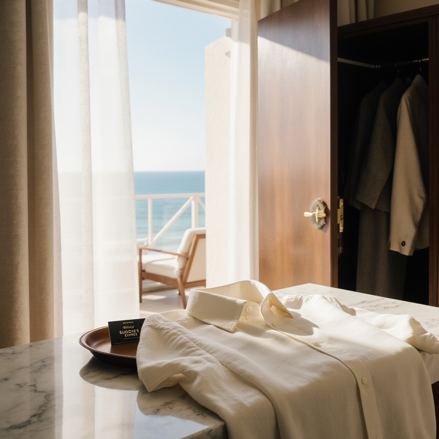 Sunlit Palm Beach resort suite with unbuttoned linen shirt on marble console, vintage valet tray, brass garment brush, and Sudsies Express card, embodying luxury wardrobe care in S
