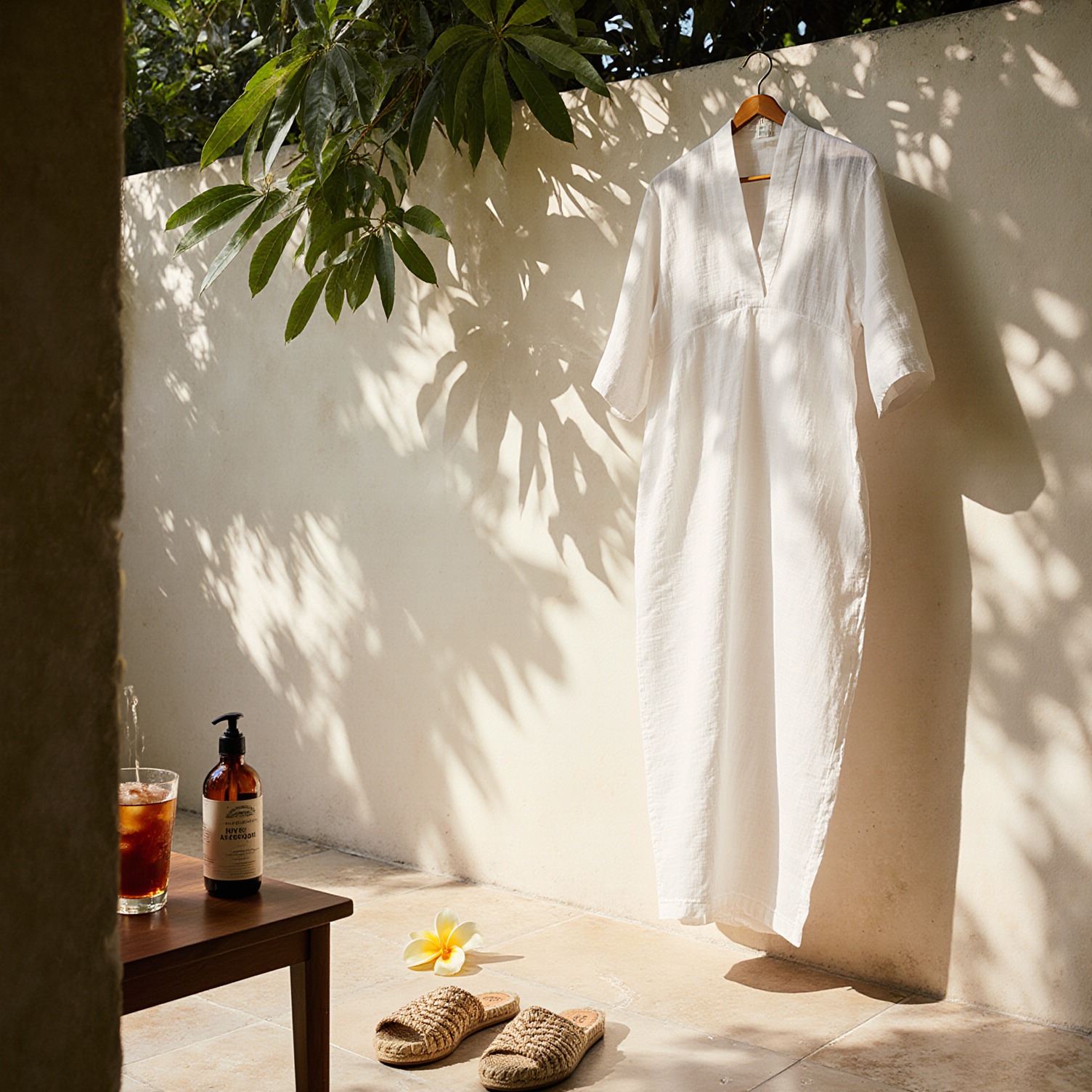 White linen dress on a wooden hanger against a sunlit cream wall with green leaves nearby, casting shadows.