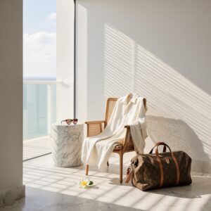 Cream linen resort shirt draped over cane chair with tortoiseshell sunglasses and Goyard duffle in sunlit Miami penthouse, illustrating Sudsies resort wear care guide
