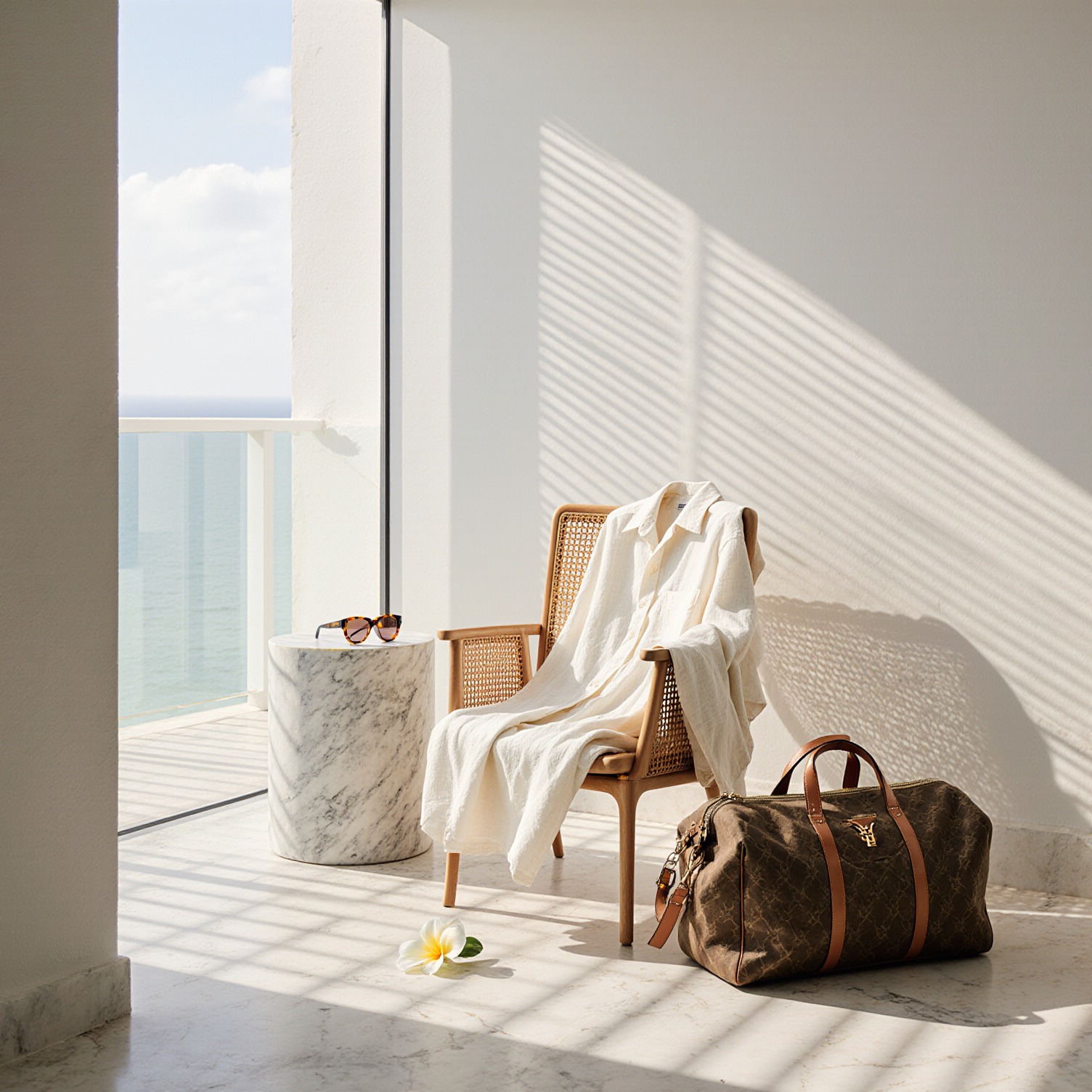 Cream linen resort shirt draped over cane chair with tortoiseshell sunglasses and Goyard duffle in sunlit Miami penthouse, illustrating Sudsies resort wear care guide