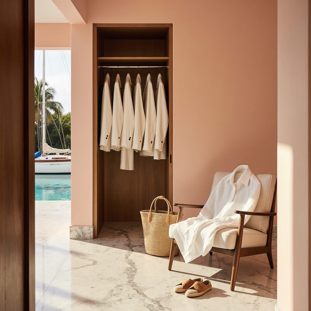 Sunlit marble foyer in a Coconut Grove home with an open cedar closet revealing linen blazers and silk separates, espadrilles, and a view of a pool and Hinckley boat