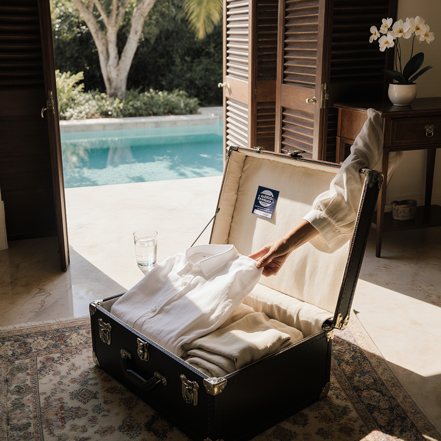A sunlit marble foyer in a Coconut Grove residence with an open linen trunk, folded garments, and a woman inspecting a shirt cuff for salt spray, illustrating wardrobe care before