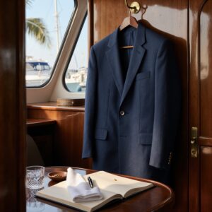 The South Florida Marina Guide to Wardrobes in Motion | Sudsies A marine-blue linen blazer hangs on a brass hook in a yacht salon, with a folded napkin, logbook, and sewing kit on a mahogany table, reflecting South Florida luxury wardrobe care.