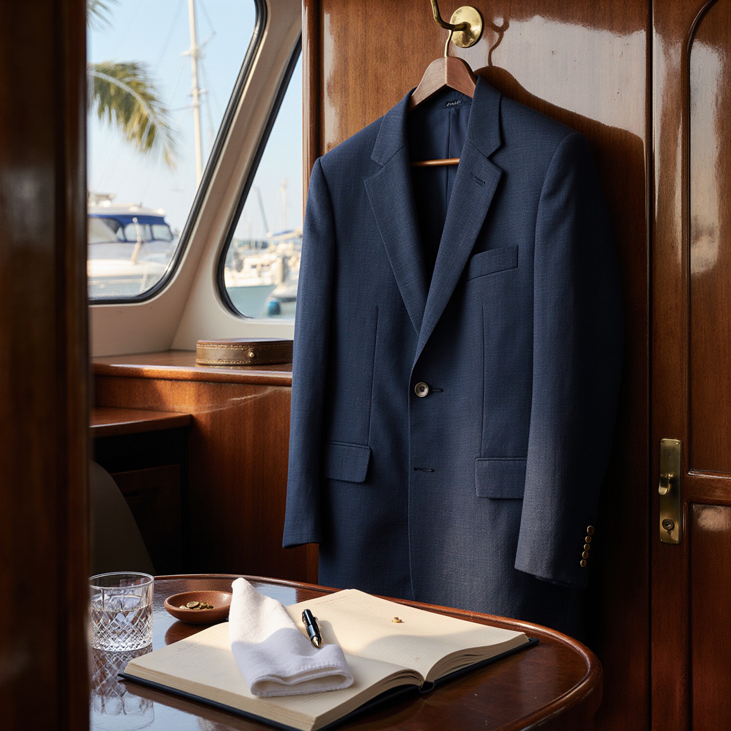 A marine-blue linen blazer hangs on a brass hook in a yacht salon, with a folded napkin, logbook, and sewing kit on a mahogany table, reflecting South Florida luxury wardrobe care.