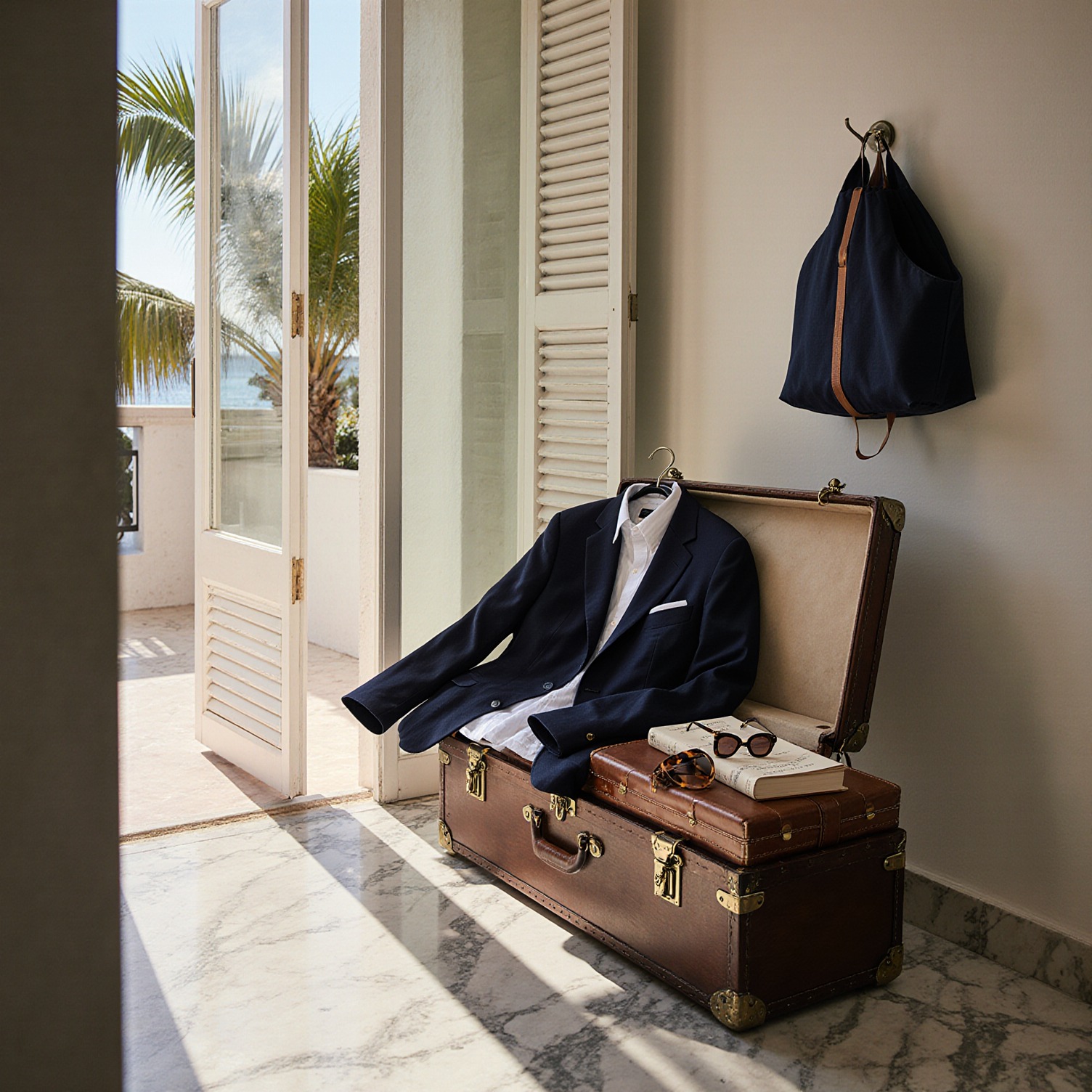 Sunlit Coconut Grove residence with open steamer trunk, folded navy blazer, linen shirt, silk swimsuit strap, tortoiseshell sunglasses, and Sudsies garment bag on brass hook