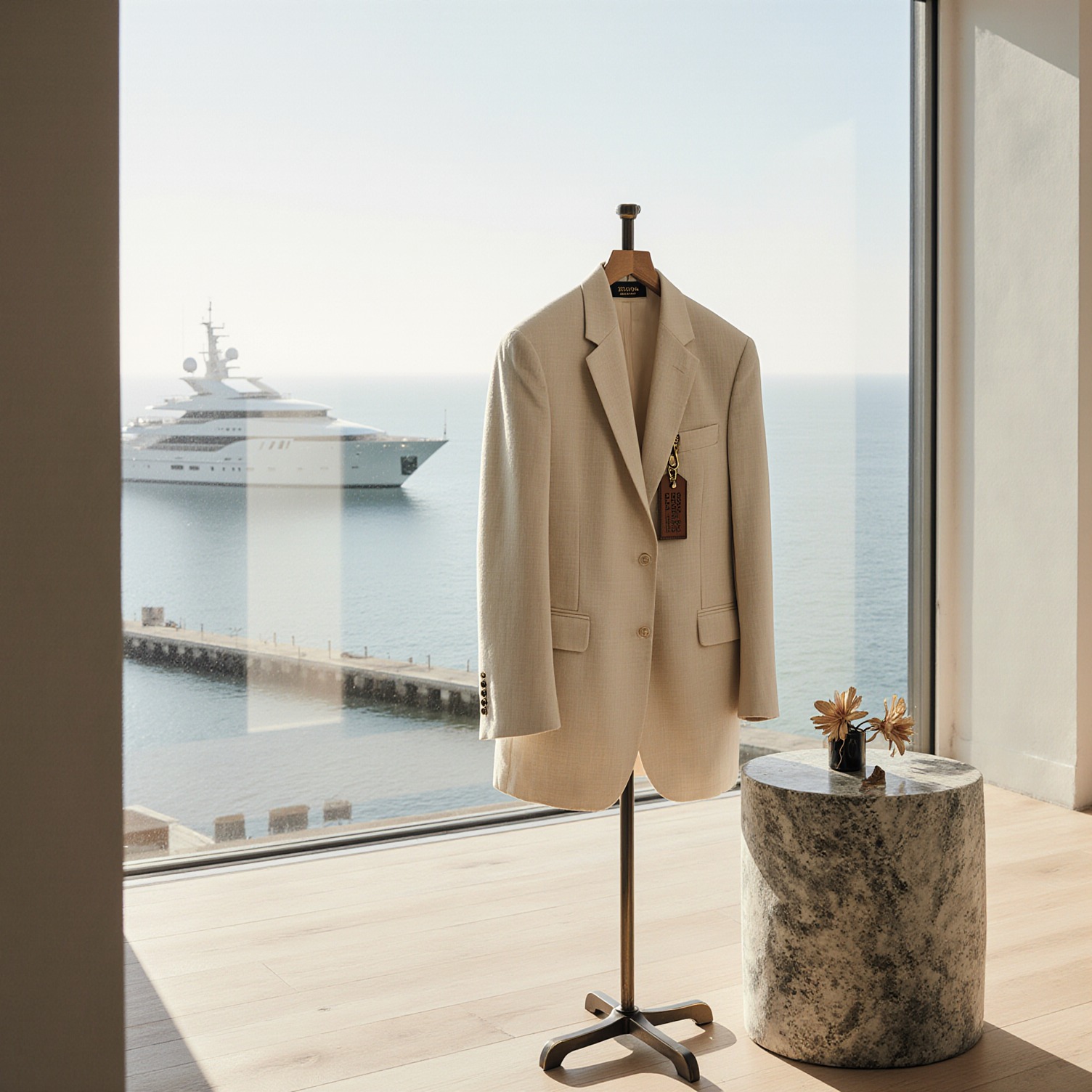 Beige suit on a stand in a bright room, with a luxury yacht visible through the window.