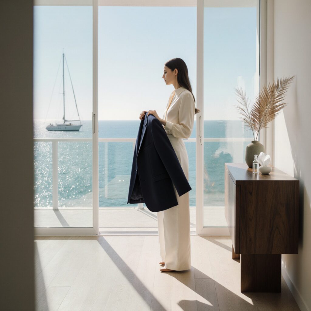Woman in cream silk blouse and tailored trousers holding a navy cashmere blazer in a sunlit Miami Beach penthouse with ocean view, yacht mast, and walnut console with cleaning solu